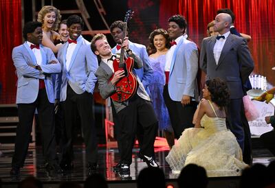 Olly Dobson performs with the cast of 'Back to the Future - The Musical' during The Olivier Awards 2022 at the Royal Albert Hall on Sunday. Getty Images