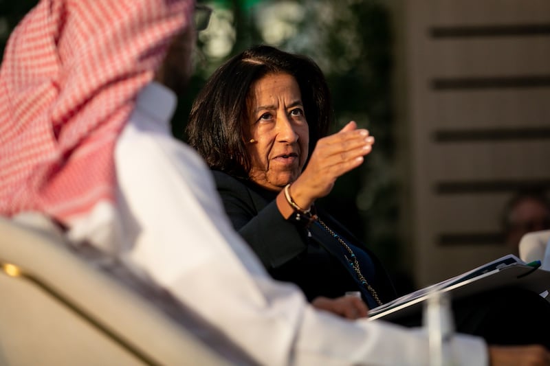 Lubna Olayan, chairman of Olayan Financing, speaks during a panel session. Bloomberg