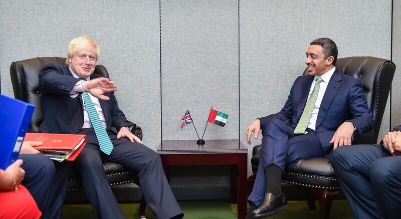 H.H. Sheikh Abdullah bin Zayed Al Nahyan, Minister of Foreign Affairs and International Cooperation, with Boris Johnson, British Foreign Minister. Wam