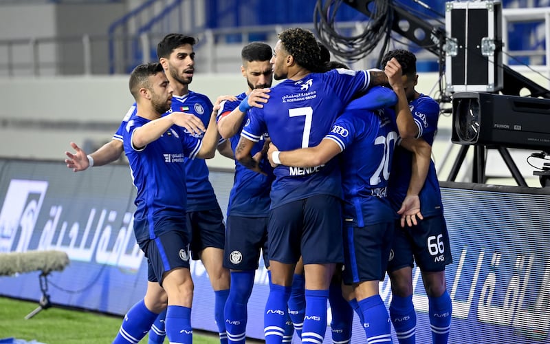 Al Nasr players celebrate after scoring against Al Jazira in the Adnoc Pro League at the Al Maktoum Stadium in Dubai on Saturday, February 19, 2022. Photo: PLC