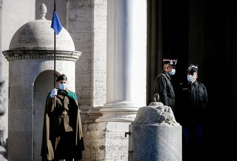 A 'Corazzieri', member of the presidential military corps, stands prior to the arrival of Italian Prime Minister Giuseppe Conte at The Presidential Quirinale Palace in Rome. AFP