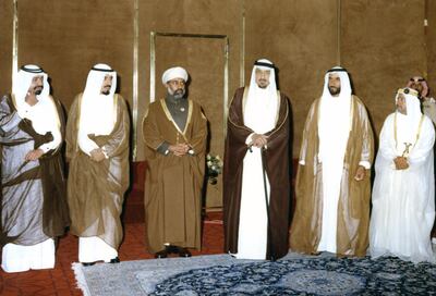 Sheikh Zayed Bin Sultan Al Nahyan with the Rulers of the GCC countries during the first Summit in Abu Dhabi, 1981 
National Archives images supplied by the Ministry of Presidential Affairs to mark the 50th anniverary of Sheikh Zayed Bin Sultan Al Nahyan becaming the Ruler of Abu Dhabi. *** Local Caption ***  59.jpg