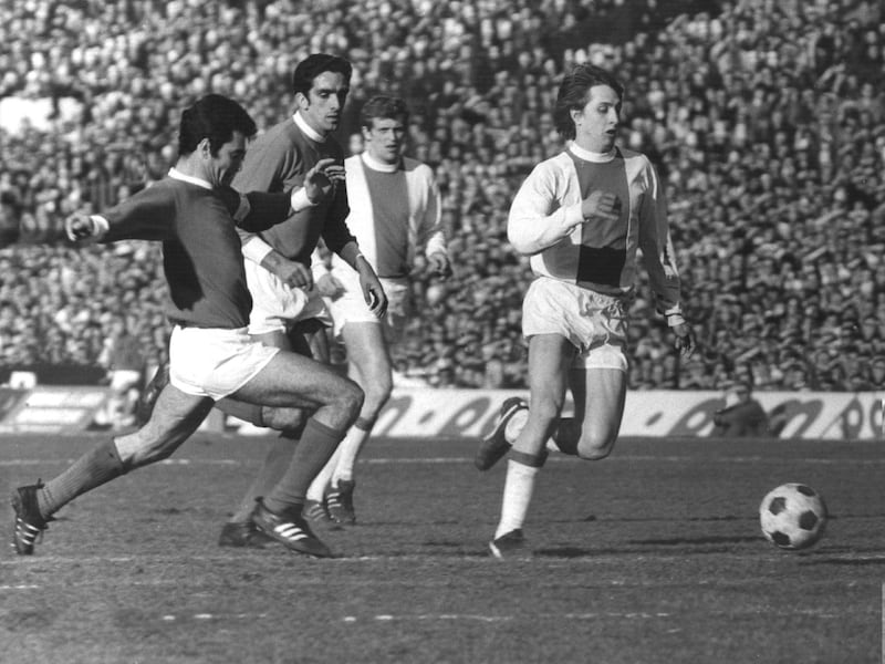 6 MAR 1969:  Johan Cruyff of Holland in action for Ajax during a European cup-tie against Benfica in Amsterdam. Ajax won the match 3-0 to go through to the final where they lost to AC Milan in Madrid. Mandatory Credit: Allsport Hulton/Archive