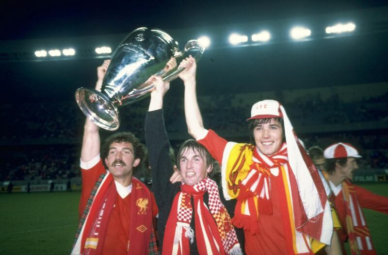 27 May 1981:  Graeme Souness (left) Kenny Dalglish (centre) and Alan Hansen (right) the three Scottish players for Liverpool hold up the European Cup after beating Real Madrid in the European Cup final in Paris. Liverpool won the match 1-0. \ Mandatory Credit: Allsport UK /Allsport