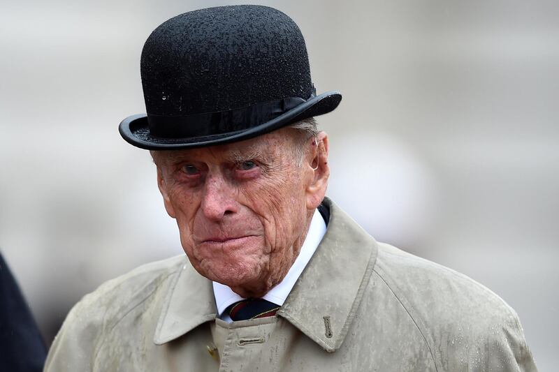 LONDON, ENGLAND - AUGUST 2:  Prince Philip, Duke of Edinburgh, (C) in his role as Captain General, Royal Marines, makes his final individual public engagement as he attends a parade to mark the finale of the 1664 Global Challenge, on the Buckingham Palace Forecourt on August 2, 2017 in London, England. (Photo by Hannah McKay - WPA Pool/Getty Images)