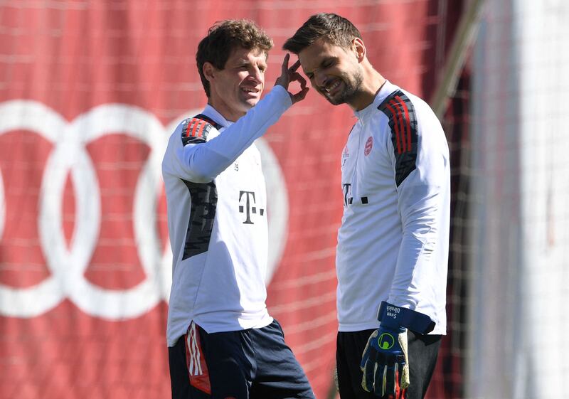 Thomas Mueller, left, and Sven Ulreich during Bayern's training session in Munich. AFP