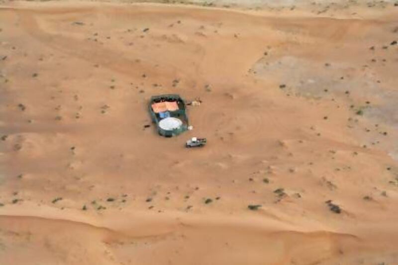 An aerial view of a goat farm in the desert outside Dubai, a landscape that would benefit from Tony Rinaudo’s farmer-managed natural regeneration technique. Courtesy Mayang