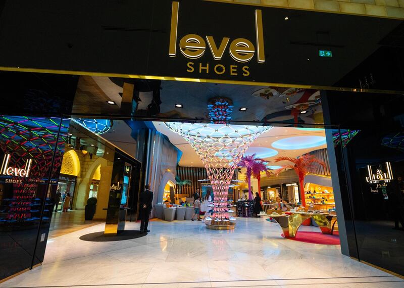 PNCWFK Level Shoes luxury shoe department in Dubai Mall, UAE, United Arab Emirates. Alamy