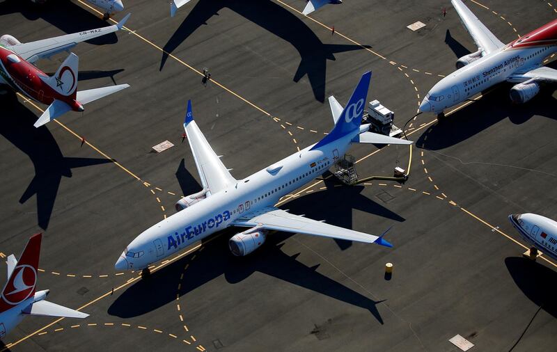 FILE PHOTO: An Air Europa-branded Boeing 737 MAX aircraft is seen grounded at a storage area in an aerial photo at Boeing Field in Seattle, Washington, U.S. July 1, 2019. Picture taken July 1, 2019.  REUTERS/Lindsey Wasson/File Photo