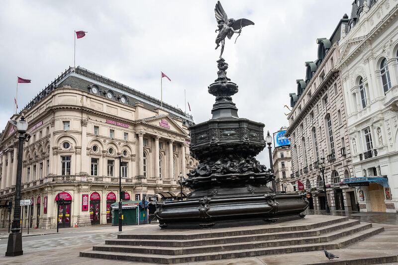 LONDON, ENGLAND - MARCH 30: A general view of the deserted Piccadilly Circus during the coronavirus lockdown on March 30, 2020 in London, England. (Photo by Leon Neal/Getty Images) 