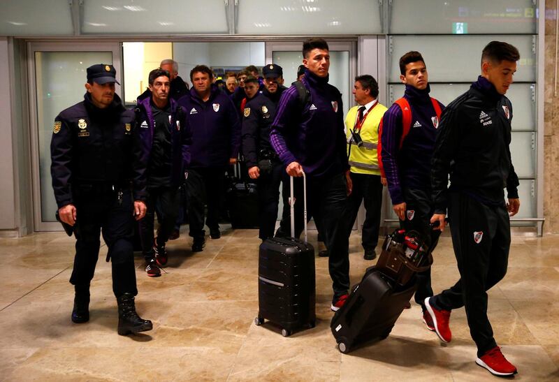 The River Plate squad arrive in Madrid ahead of the Copa Libertadores final to be played on Sunday at the Bernabeu against Buenos Aires rivals Boca Juniors. Reuters