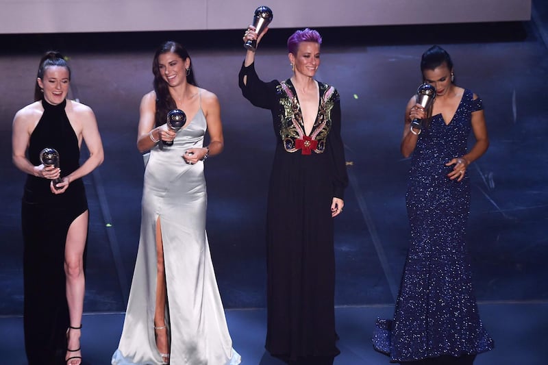 (From left) USA's midfielder Rose Lavelle, US and Orlando Pride forward Alex Morgan, US and Reign FC midfielder Megan Rapinoe and Brazil and Orlando Pride forward, Marta attend the presentation of the FIFA FIFPRO Women's World Eleven Team during The Best FIFA Football Awards ceremony, on September 23, 2019 in Milan.  AFP
