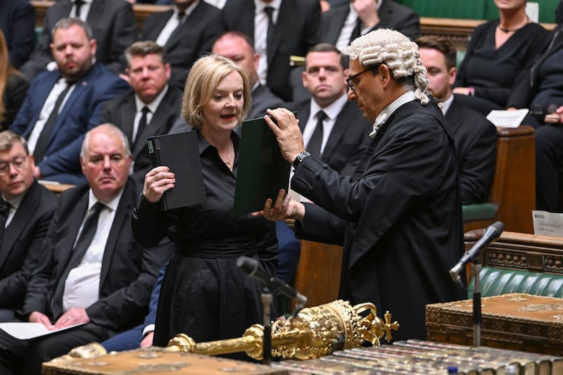 Ms Truss joins the Speaker Lindsay Hoyle and selected MPs to take the oath and swear allegiance to King Charles III in the House of Commons chamber. PA