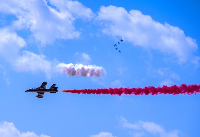 Abu Dhabi, United Arab Emirates, February 23, 2021.  Idex 2021 Day 3.
 Al Fursan  air display at the ADNEC Grandstand.
Victor Besa / The National
Section:  NA