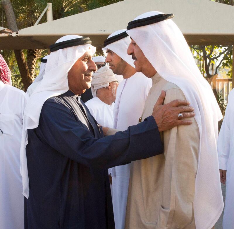 Sheikh Saud bin Rashid Al Mu'alla, Ruler of Umm Al Qaiwain, offers his condolences on death of Sheikh Saud bin Kayed bin Mohammed Al Qasimi during a visit to the majlis of Sheikh Abdulmalek bin Kayed Al Qasimi, Special Adviser to the Ruler of Ras Al Khaimah. Wam