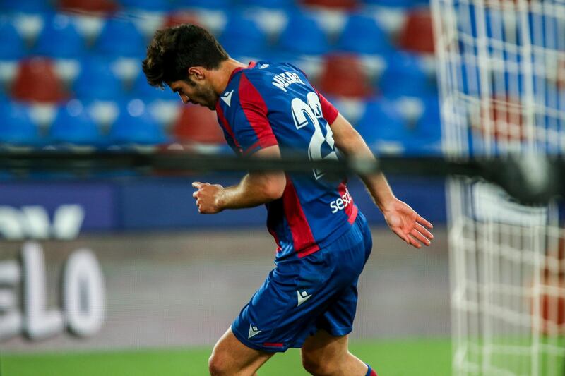 Levante's Gonzalo Melero celebrates after scoring his side's first goal. AP