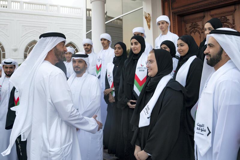 ABU DHABI, UNITED ARAB EMIRATES - December 16, 2019: HH Sheikh Mohamed bin Zayed Al Nahyan, Crown Prince of Abu Dhabi and Deputy Supreme Commander of the UAE Armed Forces (L), speaks with members of 'Journey of the Union' initiative, during a Sea Palace barza.

( Ryan Carter for the Ministry of Presidential Affairs )
---