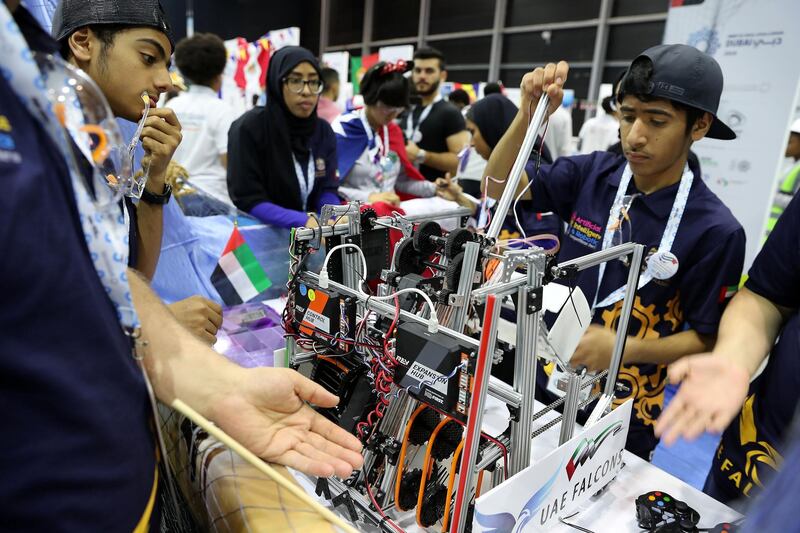 DUBAI , UNITED ARAB EMIRATES , October 26 – 2019 :-  Team member of UAE working on their robot at the First Global Challenge robotics competition held at Festival Arena in Dubai.  ( Pawan Singh / The National ) For News. Story by Patrick