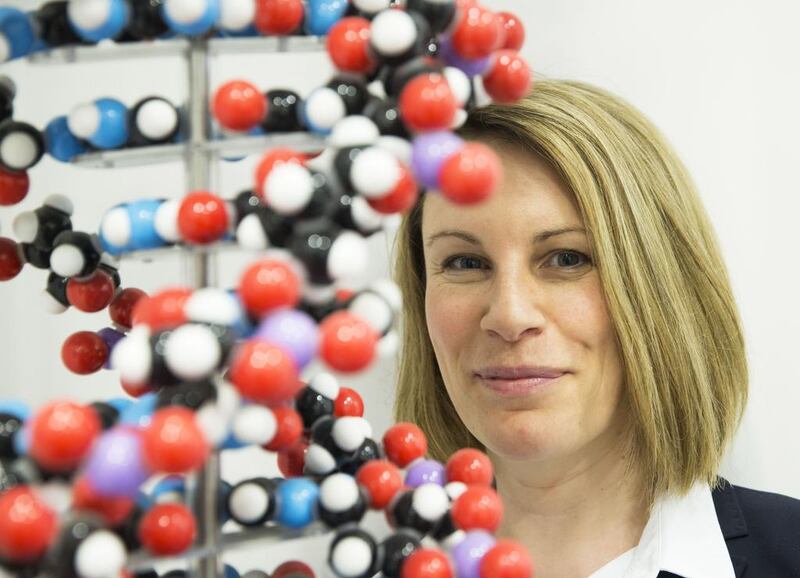Dr Anna Middleton with a DNA helix model at the Wellcome Genome Campus in Cambridge, UK. Stephen Lock for the National 
