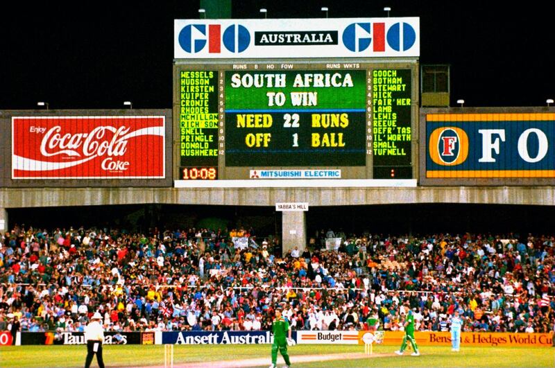 22 Mar 1992:  The scoreboard tells the story as England win a controversial rain affected game on run rate in the World Cup semi-final against South Africa at the SCG in Sydney, Australia.  \ Mandatory Credit: Allsport UK /Allsport