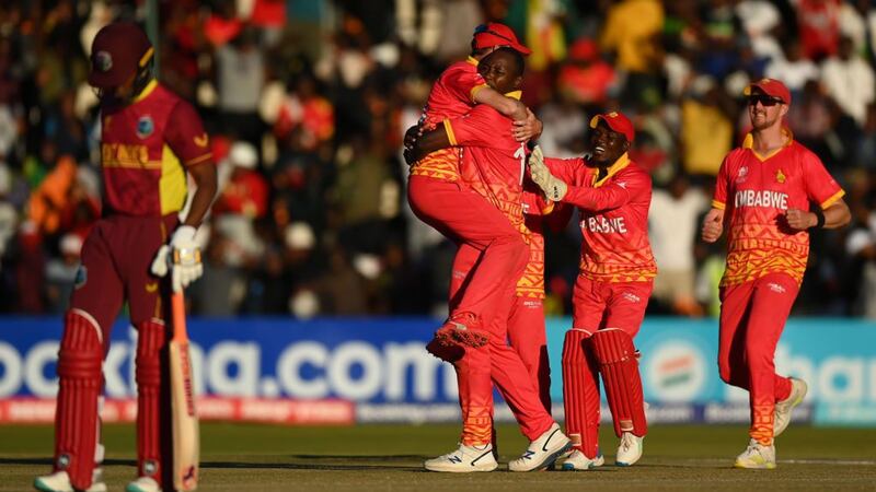 Tendai Chatara of Zimbabwe celebrates the wicket of Roston Chase of West Indies. Photo: ICC