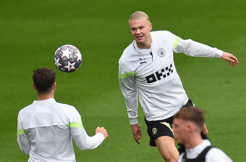 Manchester City's Erling Haaland trains at the Etihad Campus on Monday, May 8, 2023. Manchester City will face Real Madrid in their Champions League semi-final, first leg at the Bernabeu Stadium on Tuesday. EPA 