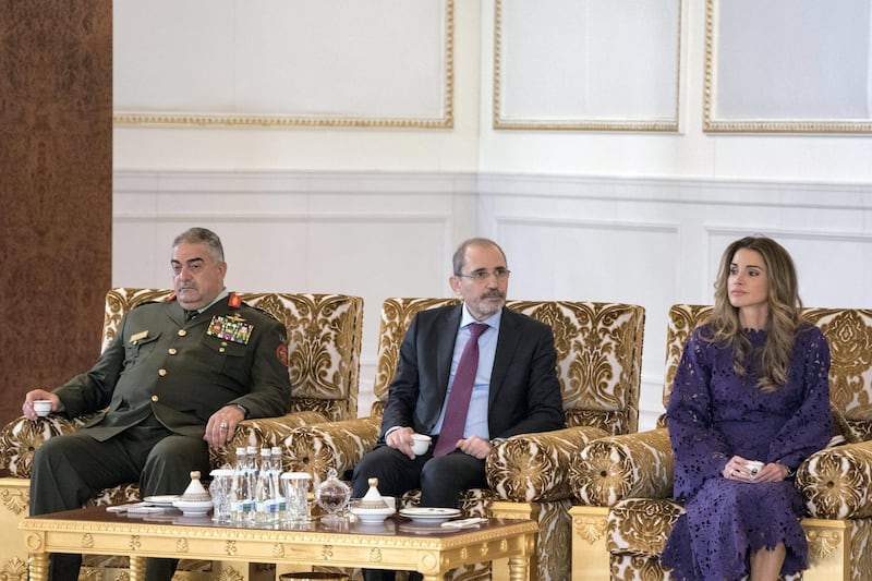 ABU DHABI, UNITED ARAB EMIRATES - February 07, 2018: HM Queen Rania Al Abdullah Queen of Jordan (R), and HE Ayman Safadi, Minister of Foreign Affairs of Jordan (C) attend a meeting with HM King Abdullah II, King of Jordan (not shown), during a reception at the Presidential Airport.

( Hamad Al Kaabi / Crown Prince Court - Abu Dhabi )
—