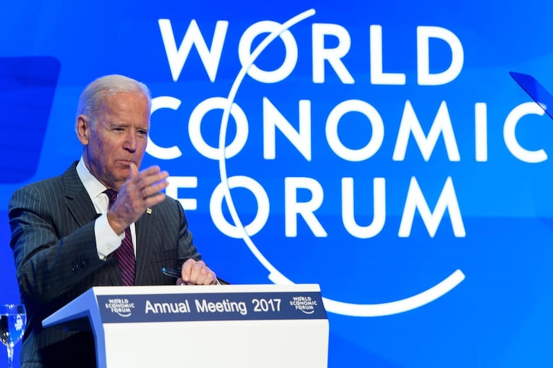 epa05722001 US Vice-President Joe Biden speaks on the Cancer Moonshot initiative, a primary forces of the Obama Administration in its effort to find a cure for cancer, on the eve of the 47th annual meeting of the World Economic Forum (WEF) in Davos, Switzerland, 16 January 2017. The annual meeting brings together business leaders, international political leaders and select intellectuals, to discuss the pressing issues facing the world. The overarching theme of the 2017 meeting, which takes place from 17 to 20 January, is 'Responsive and Responsible Leadership'.  EPA/LAURENT GILLIERON
