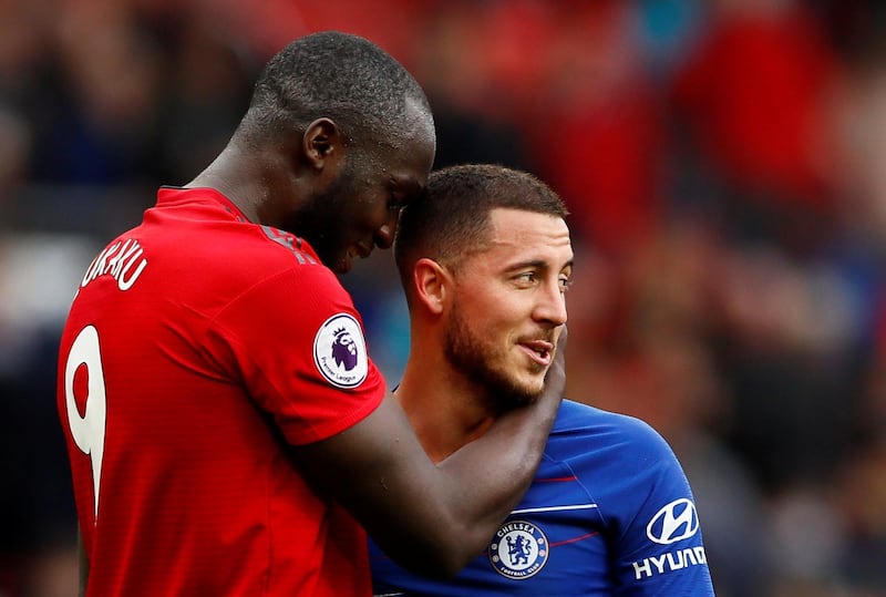 Soccer Football - Premier League - Manchester United v Chelsea - Old Trafford, Manchester, Britain - April 28, 2019  Chelsea's Eden Hazard with Manchester United's Romelu Lukaku after the match            Action Images via Reuters/Jason Cairnduff  EDITORIAL USE ONLY. No use with unauthorized audio, video, data, fixture lists, club/league logos or "live" services. Online in-match use limited to 75 images, no video emulation. No use in betting, games or single club/league/player publications.  Please contact your account representative for further details.