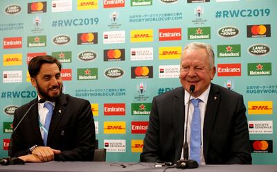 FILE PHOTO: World Rugby Chairman Bill Beaumont (R) and World Rugby Vice-Chairman Agustin Pichot attend a news conference after the Rugby World Cup 2019 pool draw at Kyoto State Guest House in Kyoto, Japan May 10, 2017. REUTERS/Issei Kato/File Photo