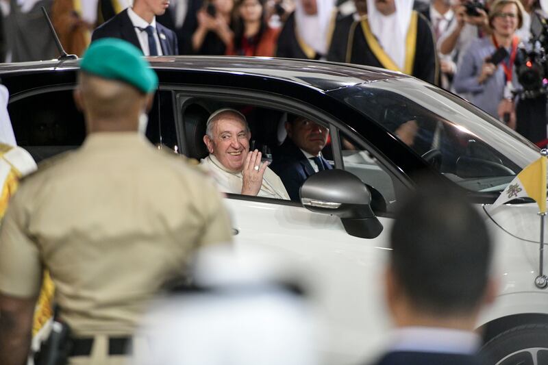 Pope Francis arrives at Sakhir Palace, south of Manama, in an electric Fiat. Khushnum Bhandari / The National