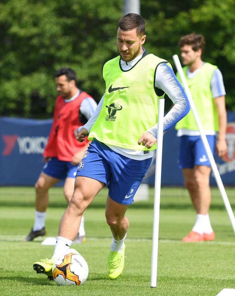 Chelsea's Eden Hazard attends a training session during a Chelsea media day at Chelsea's training ground in Cobham, south east of London. EPA