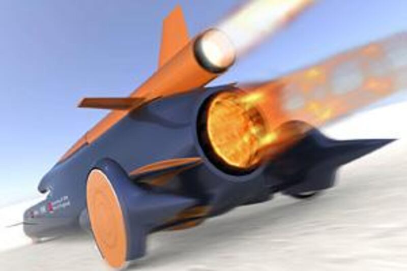 This is a computer generated image showing what the Bloodhound speed record car will look like. The Bloodhound is a British supercar designed to break the world land speed record has been unveiled and if it succeeds, the driver  Andy Green will be the first to drive through the 1000 mph barrier.