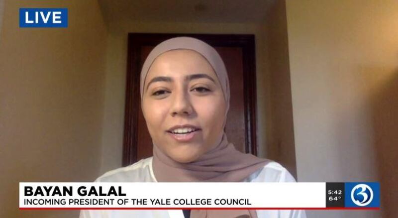 Bayan Galal made history by becoming the first Muslim student to be elected Yale University's student body president in its 320-year history. Courtesy: WFSB 