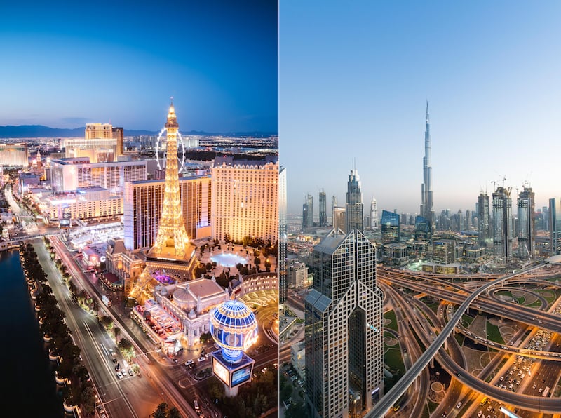 LEFT: The Strip, Las Vegas, Nevada, USA

RIGHT: Dubai skyline

Getty Images