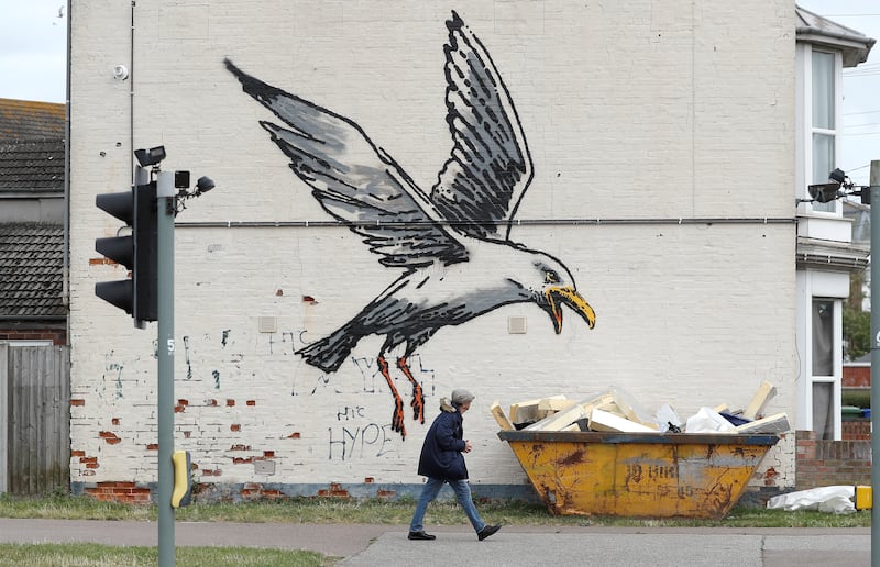 An artwork featuring a seagull, believed to be created by Banksy, is seen in Lowestoft. Peter Nicholls / Reuters