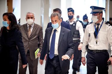 Former French president Nicolas Sarkozy arrives at court for the verdict on Monday. Getty Images