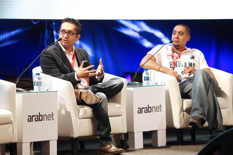 Savitar Jagtiani of Landmark Group, left, and Sajjad Bhojani of eXtra during the ArabNet Digital Summit 2014 panel discussion on e-retail and e-supermarkets. Pawan Singh / The National