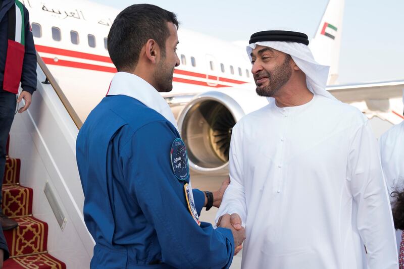 ABU DHABI, UNITED ARAB EMIRATES - October 12, 2019: HH Sheikh Mohamed bin Zayed Al Nahyan, Crown Prince of Abu Dhabi and Deputy Supreme Commander of the UAE Armed Forces (R), receives Sultan Saif Al Neyadi, a member of the International Space Station (ISS) mission back-up team (L), during a homecoming reception at the Presidential Airport. 


( Mohamed Al Hammadi / Ministry of Presidential Affairs )
---