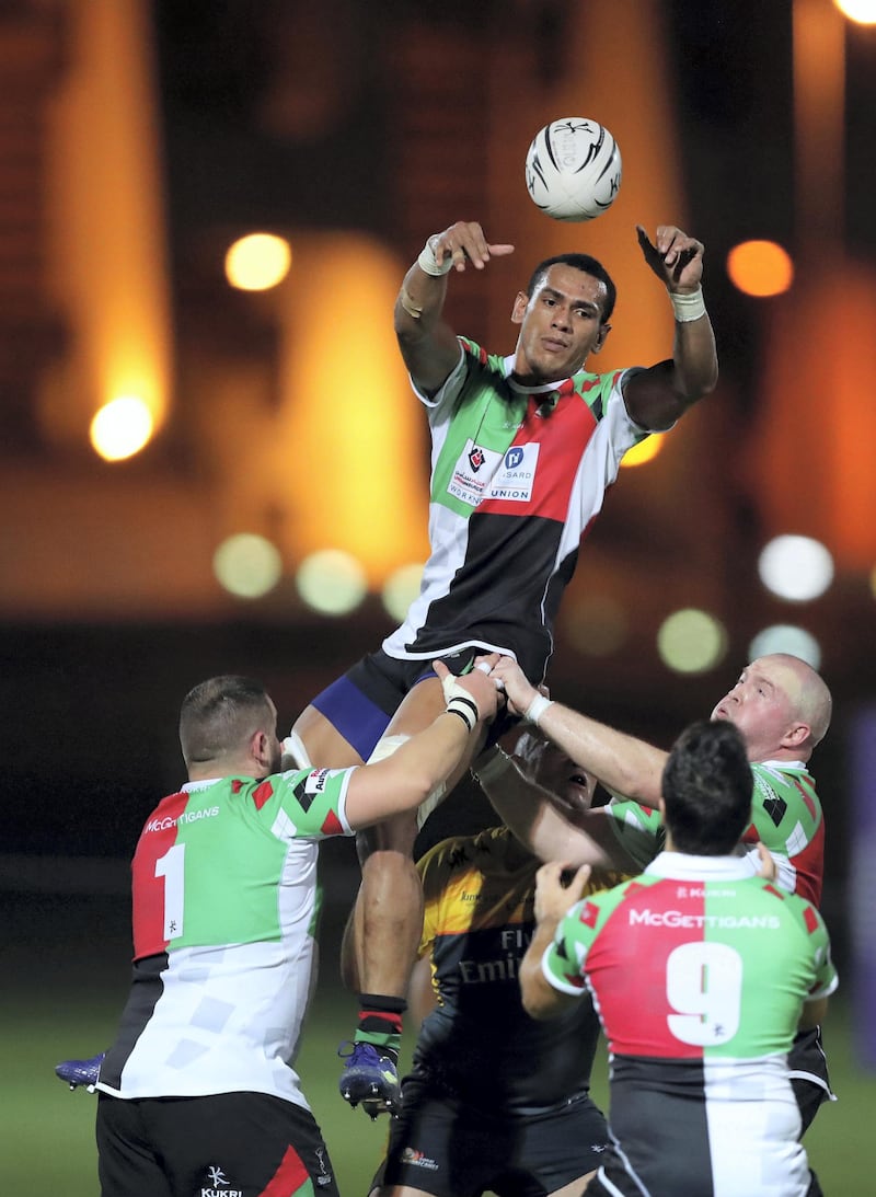 Abu Dhabi, United Arab Emirates - October 12, 2018: Quins' Esekaia Dranibota wins the line out  in the game between Abu Dhabi Harlequins and Dubai Hurricanes in the West Asia Premiership. Friday, October 12th, 2018 at Zayed Sports City, Abu Dhabi. Chris Whiteoak / The National