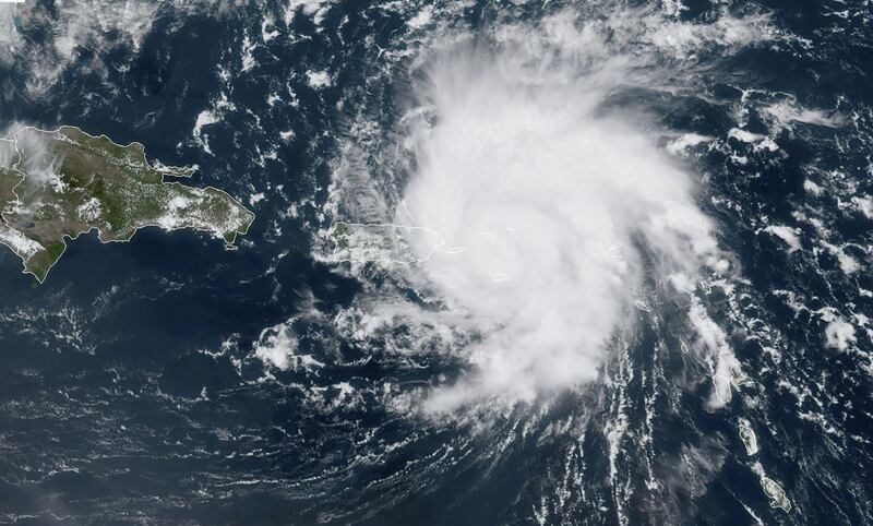 This satellite image obtained from NOAA/RAMMB, shows Tropical Storm Dorian as it approaches Puerto Rico in the Caribbean at 17:0 UTC on August 28, 2019. Tropical Storm Dorian bore down on Puerto Rico Wednesday as residents braced for a direct hit, the first since the island was ravaged two years ago by Hurricane Maria.Even before the hurricane hit, an 80-year-old man was killed in a fall from a ladder while fixing a roof in a San Juan suburb, police said. US forecasters said they expected Dorian to make landfall in populous eastern Puerto Rico at near hurricane strength later in the day. A hurricane watch was also in effect for the US Virgin Islands.
 - RESTRICTED TO EDITORIAL USE - MANDATORY CREDIT "AFP PHOTO / NOAA/RAMMB/HANDOUT" - NO MARKETING - NO ADVERTISING CAMPAIGNS - DISTRIBUTED AS A SERVICE TO CLIENTS
 / AFP / NOAA/RAMMB / HO / RESTRICTED TO EDITORIAL USE - MANDATORY CREDIT "AFP PHOTO / NOAA/RAMMB/HANDOUT" - NO MARKETING - NO ADVERTISING CAMPAIGNS - DISTRIBUTED AS A SERVICE TO CLIENTS

