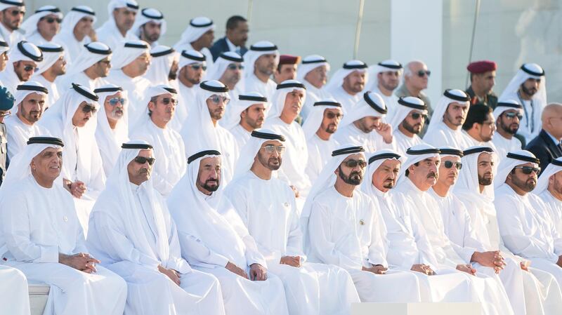 ABU DHABI, UNITED ARAB EMIRATES - November 30, 2017: (L-R) HH Sheikh Saud bin Saqr Al Qasimi, UAE Supreme Council Member and Ruler of Ras Al Khaimah,HH Sheikh Hamad bin Mohamed Al Sharqi, UAE Supreme Council Member and Ruler of Fujairah,HH Dr Sheikh Sultan bin Mohamed Al Qasimi, UAE Supreme Council Member and Ruler of Sharjah,HH Sheikh Mohamed bin Zayed Al Nahyan, Crown Prince of Abu Dhabi and Deputy Supreme Commander of the UAE Armed Forces,HH Sheikh Mohamed bin Rashid Al Maktoum, Vice-President, Prime Minister of the UAE, Ruler of Dubai and Minister of Defence,HH Sheikh Humaid bin Rashid Al Nuaimi, UAE Supreme Council Member and Ruler of Ajman,HH Sheikh Saud bin Rashid Al Mu'alla, UAE Supreme Council Member and Ruler of Umm Al Quwain, HH Sheikh Hazza bin Zayed Al Nahyan, Vice Chairman of the Abu Dhabi Executive Council,HH Sheikh Mohamed bin Saud bin Saqr Al Qasimi, Crown Prince and Deputy Ruler of Ras Al Khaimah and HH Sheikh Mohamed bin Hamad Al Sharqi, Crown Prince of Fujairah, attend a Commemoration Day ceremony at Wahat Al Karama, a memorial dedicated to the memory of UAE’s National Heroes in honour of their sacrifice and in recognition of their heroism.


( Rashed Al Mansoori / Crown Prince Court - Abu Dhabi )
---