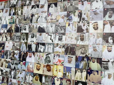 Images of UAE leaders being prepared for national day decals at Tornado shop in Mussafah, Abu Dhabi. Fatima Al Mahmoud / The National