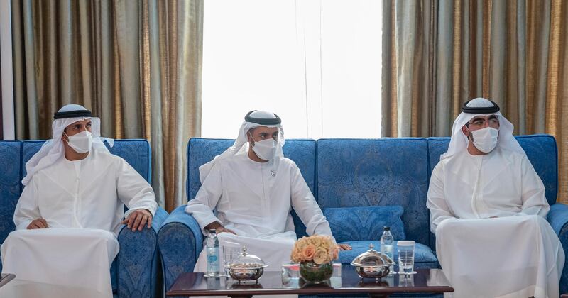 UMM AL QUWAIN, UNITED ARAB EMIRATES - May 15, 2021: (R-L) HH Sheikh Ahmed bin Saud bin Rashid Al Mualla, HH Sheikh Mohamed bin Hamad bin Tahnoon Al Nahyan and HE Mohamed Mubarak Al Mazrouei, Undersecretary of the Crown Prince Court of Abu Dhabi, 
exchange Eid greetings with HH Sheikh Saud bin Rashid Al Mu'alla, UAE Supreme Council Member and Ruler of Umm Al Quwain (not shown). 

( Hamad Al Kaabi / Ministry of Presidential Affairs )​
---