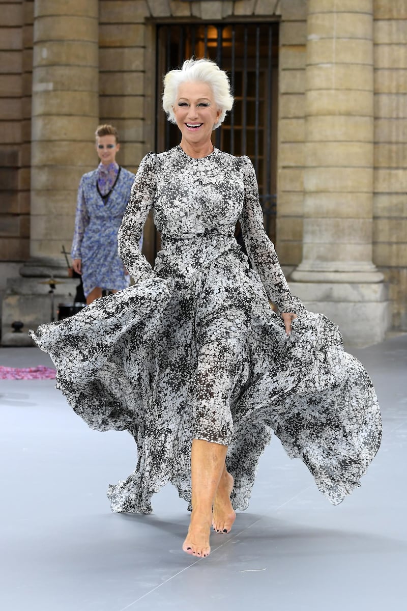 Helen Mirren walks the runway during the L'Oreal Paris show as part of Paris Fashion Week on September 28, 2019. Getty Images