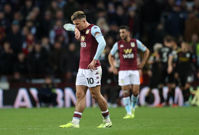 Aston Villa's Jack Grealish looks on after Gabriel Jesus' goal. Reuters