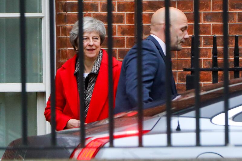 Theresa May, U.K. prime minister, leaves number 10 Downing Street in London, U.K., on Friday, Nov. 16, 2018. May is defying demands to quit as she battles to keep control of her fractious government long enough to deliver a Brexit deal that’s drawn ire from across the political spectrum. Photographer: Simon Dawson/Bloomberg