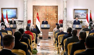 A handout picture released by the Egyptian Presidency on June 6, 2020 shows Egyptian President Abdel Fattah al-Sisi (C), Libyan commander Khalifa Haftar (R) and the Libyan Parliament speaker Aguila Saleh (L) taking part in a joint press conference in the capital Cairo.  Haftar has backed a ceasefire in Libya starting Monday, Egypt's president announced after talks in Cairo, following a series of military victories by the country's UN-recognised government. - === RESTRICTED TO EDITORIAL USE - MANDATORY CREDIT "AFP PHOTO / HO / EGYPTIAN PRESIDENCY' - NO MARKETING NO ADVERTISING CAMPAIGNS - DISTRIBUTED AS A SERVICE TO CLIENTS ==
 / AFP / EGYPTIAN PRESIDENCY / - / === RESTRICTED TO EDITORIAL USE - MANDATORY CREDIT "AFP PHOTO / HO / EGYPTIAN PRESIDENCY' - NO MARKETING NO ADVERTISING CAMPAIGNS - DISTRIBUTED AS A SERVICE TO CLIENTS ==
