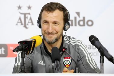 UAE manager Rodolfo Arruabarrena speaks to the media at Al Nahyan Stadium in Abu Dhabi before their game against Argentina on Wednesday. Chris Whiteoak / The National