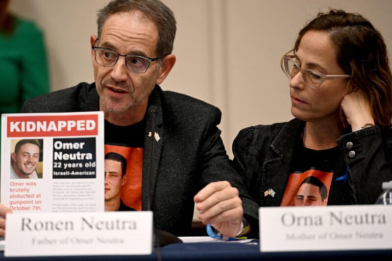 Ronen and Orna Neutra, parents of hostage soldier Omer Neutra, at the US House foreign affairs committee meeting. AFP